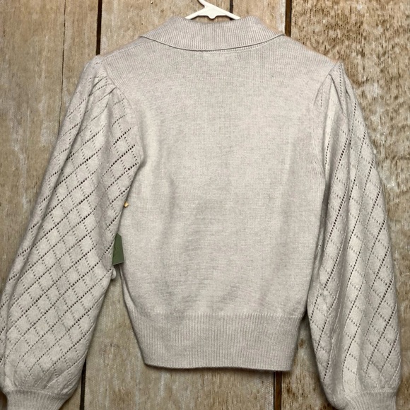 NWT Sweater crop puffy sleeves lace v neck collar, Ryegrass - Picture 3 of 10